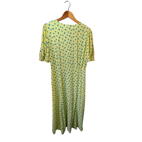 NWOT M&S Printed V-Neck Puff Sleeve Midi Tea Dress Yellow Blue - Picture 4 of 12
